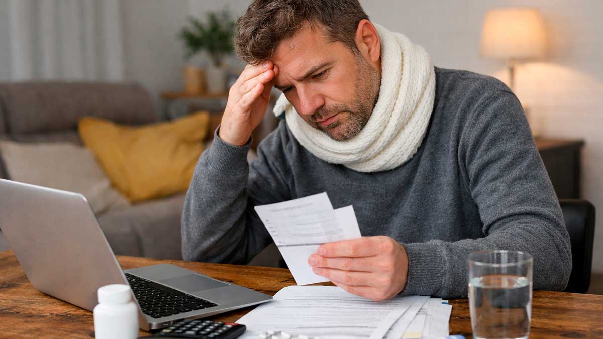 Autónomo enfermo revisando facturas en casa durante una baja laboral