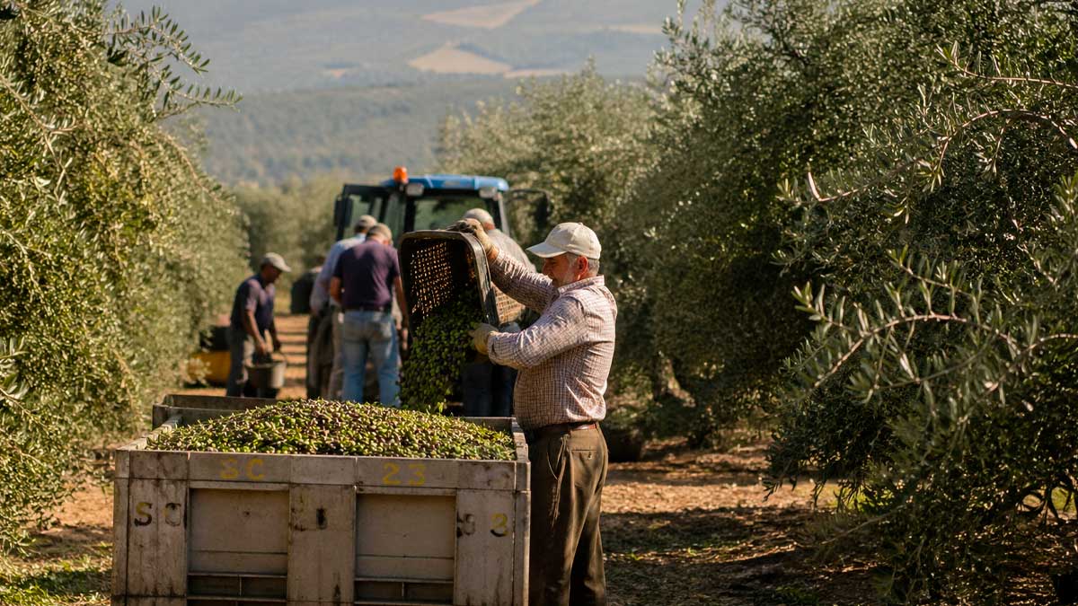 Trabajadores recogiendo aceitunas en un olivar de Andalucía durante campaña agrícola