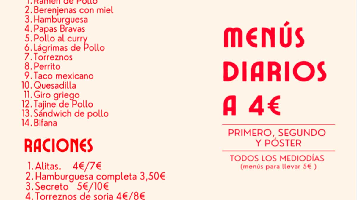 Cartel de bar en Granada con menú diario a 4 euros con primero segundo y postre