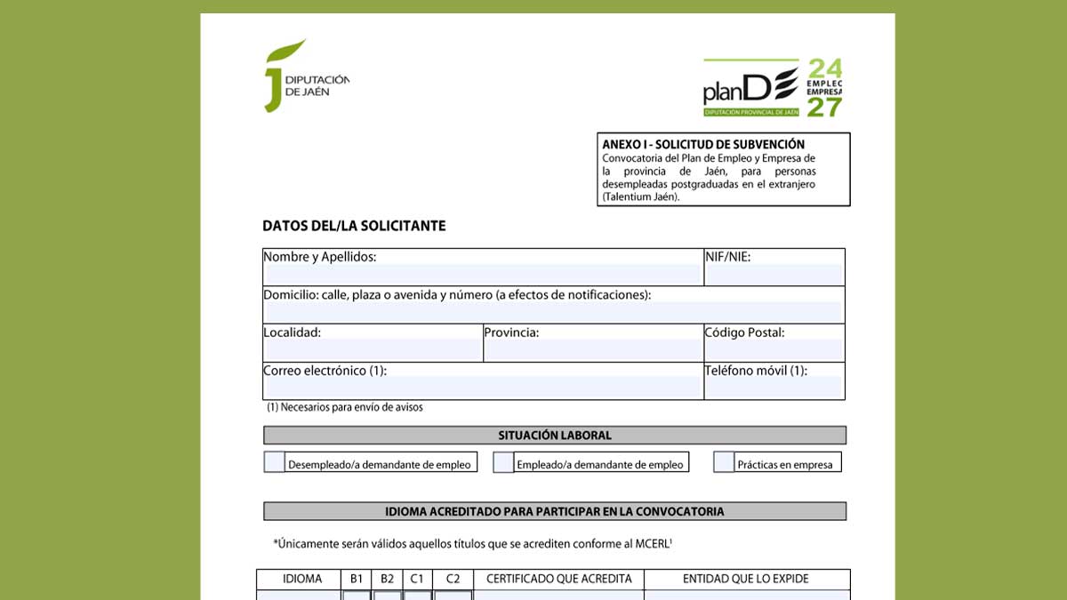 Formulario de solicitud de las becas Talentium Jaén del Plan de Empleo para estancias en Bruselas