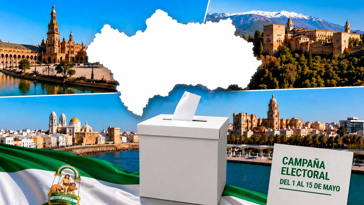 Urna electoral con mapa de Andalucia y ciudades durante la campaña electoral del 1 de mayo