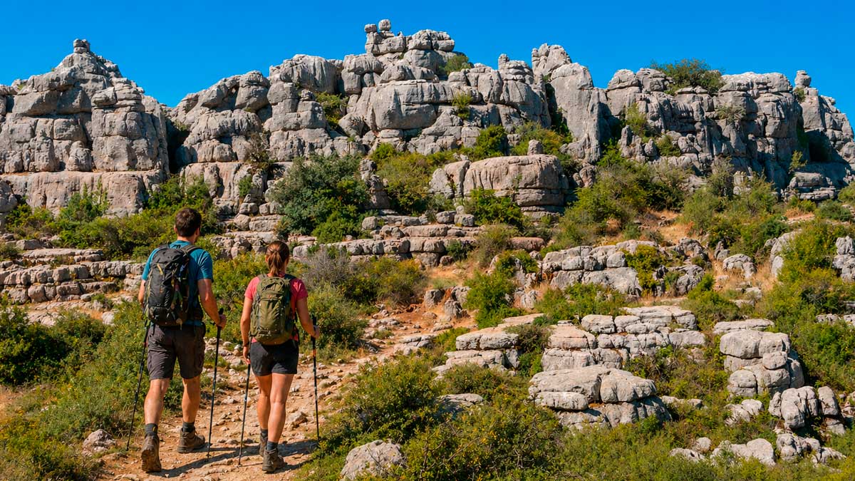 Pareja de senderistas caminando en el Torcal de Antequera en primavera