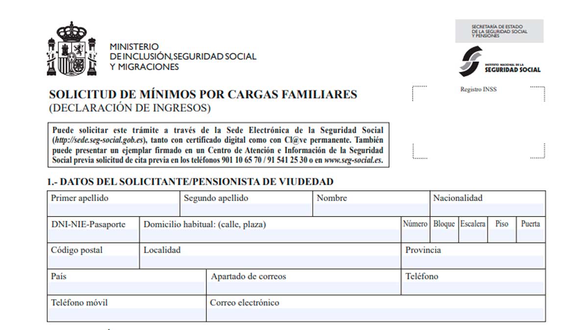 Formulario solicitud complemento a mínimos pensiones seguridad social ingresos 2026