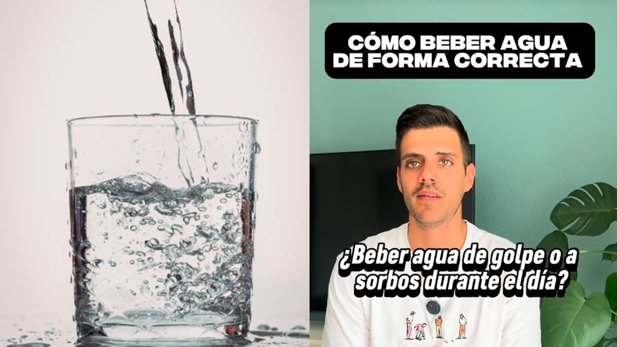 Vaso de agua llenándose y experto explicando cómo beber agua correctamente para mejorar la digestión