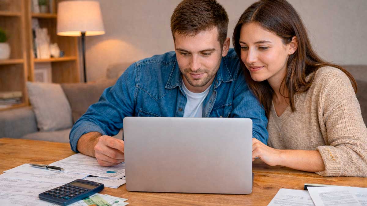 Pareja revisando documentos de la renta y alquiler en casa para aplicar la deducción en Andalucía en la Renta 2025