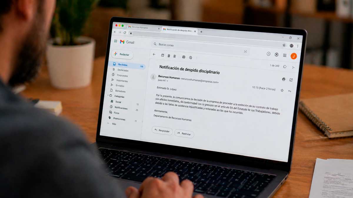 Hombre revisando en su portátil un email de despido disciplinario en Gmail