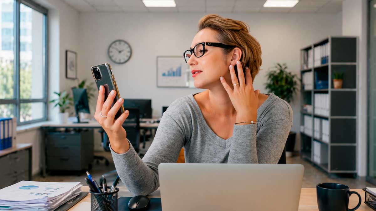 trabajadora usando el móvil en oficina durante su jornada laboral revisando redes sociales