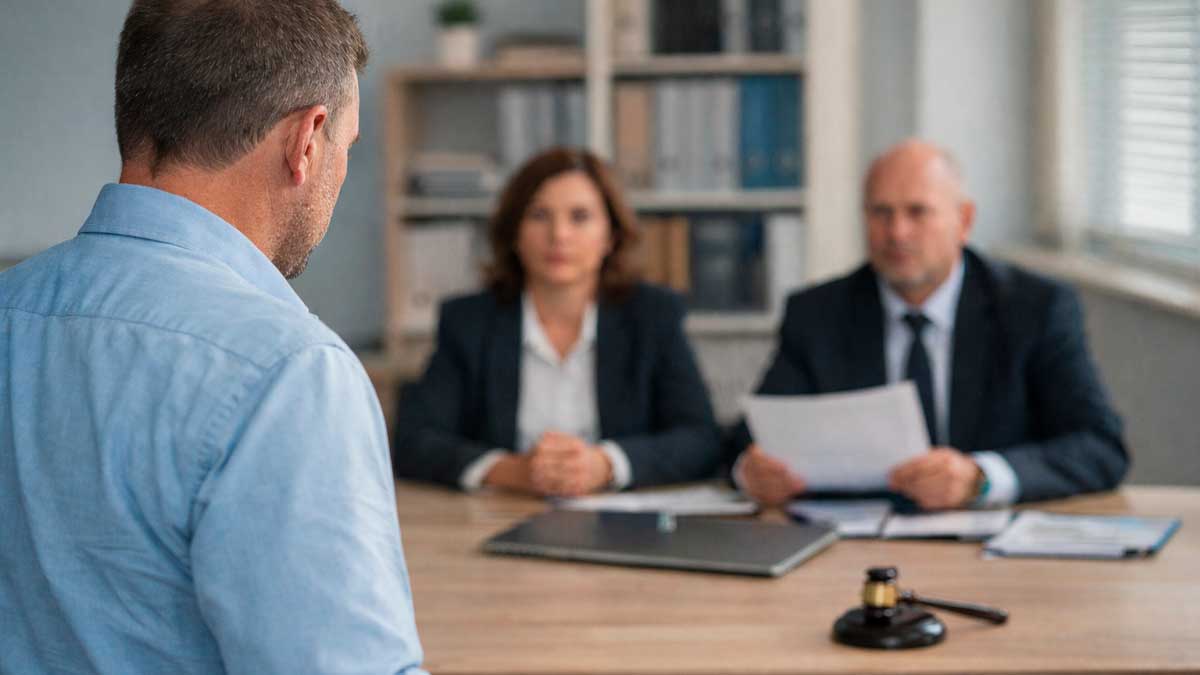 Trabajador frente a responsables de empresa tras ausencia laboral y posible despido