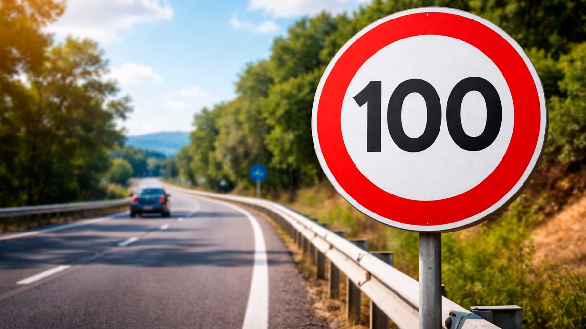 Señal de límite de velocidad 100 km/h en carretera A-7 en Cádiz relacionada con multas anuladas por la DGT