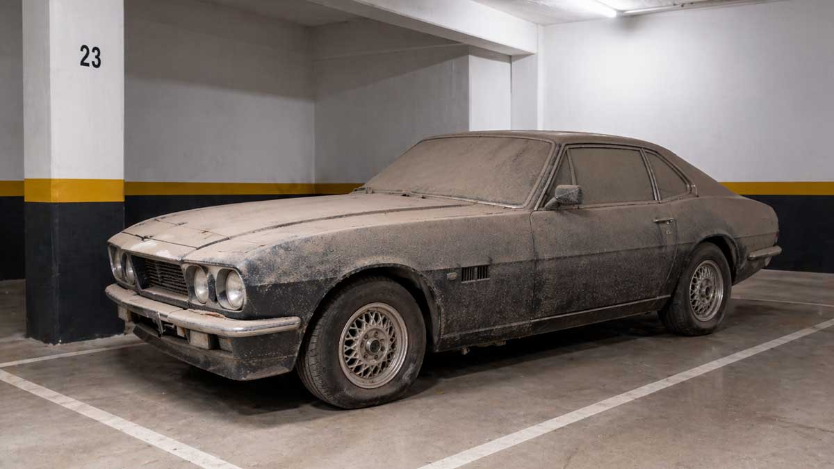 Coche cubierto de polvo aparcado en un garaje comunitario de Andalucía sin aparentes signos de uso durante mucho tiempo
