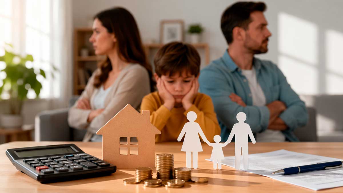 Padres separados con hijo revisando documentos de la renta junto a calculadora y dinero en casa