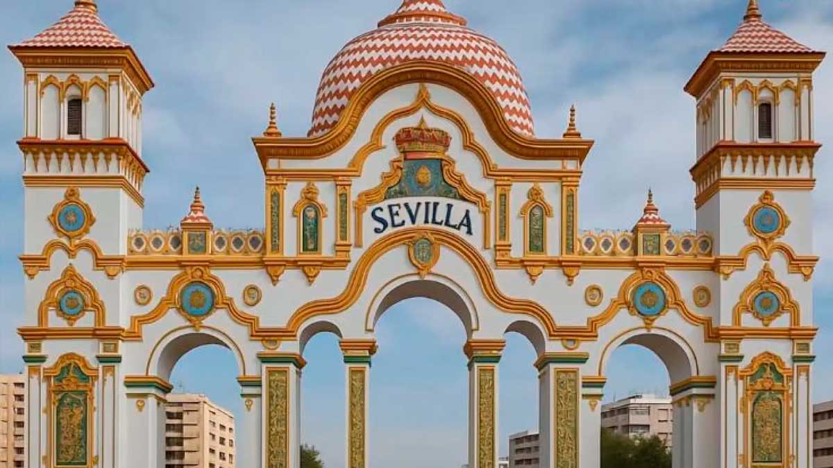 Portada de la Feria de Abril de Sevilla 2026 con estructura decorativa tradicional en el recinto ferial