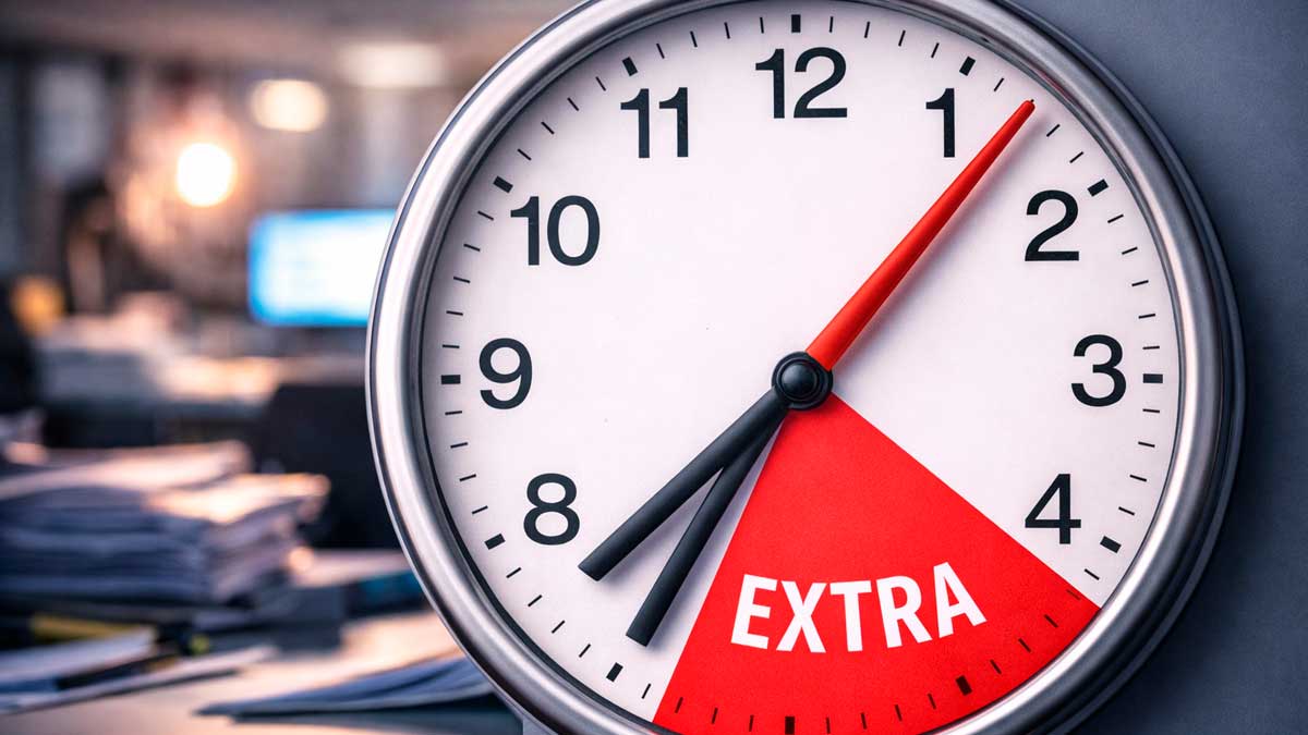 Reloj analógico en oficina marcando horas extra con zona resaltada sobre el límite legal de 80 horas extra