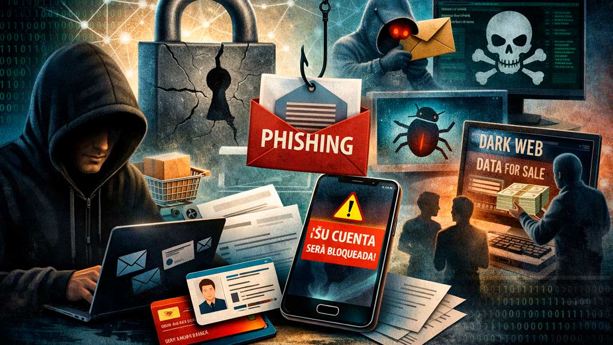 Ciberdelincuentes robando datos personales mediante phishing malware y dark web