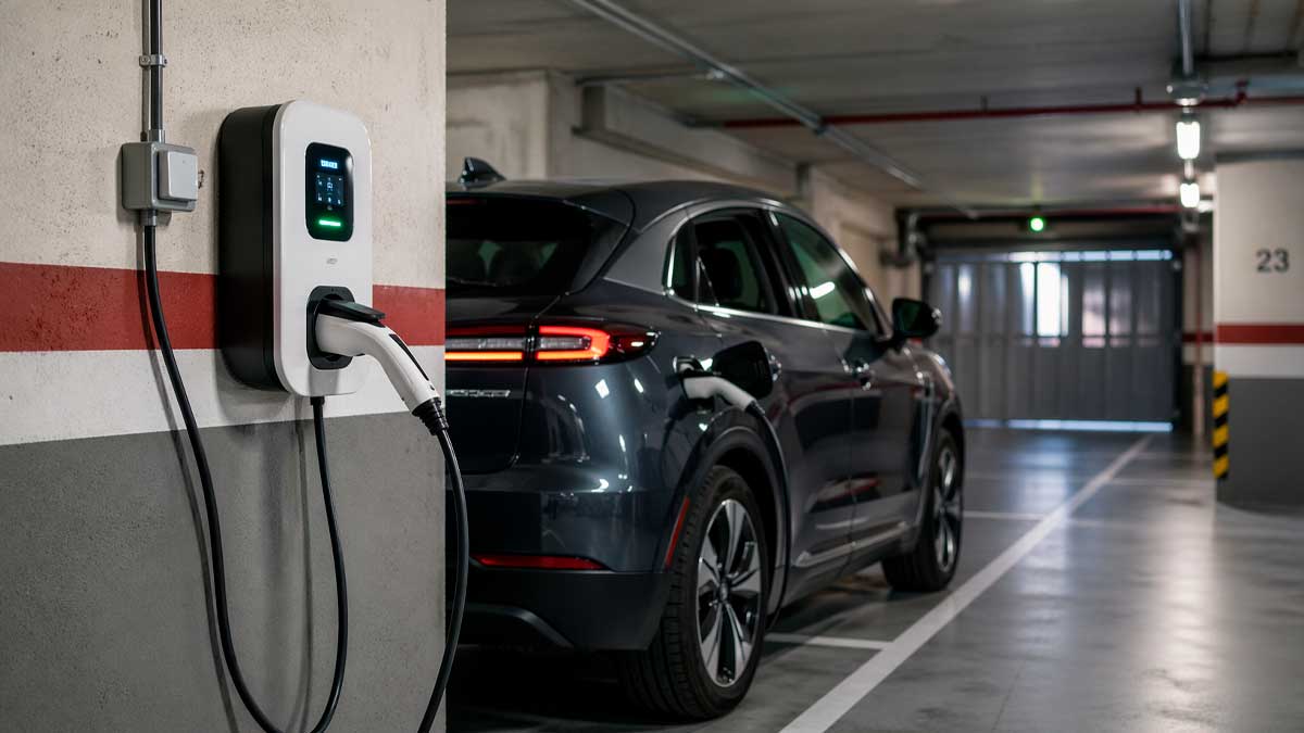 Coche eléctrico cargando en garaje comunitario con punto de recarga instalado en plaza privada
