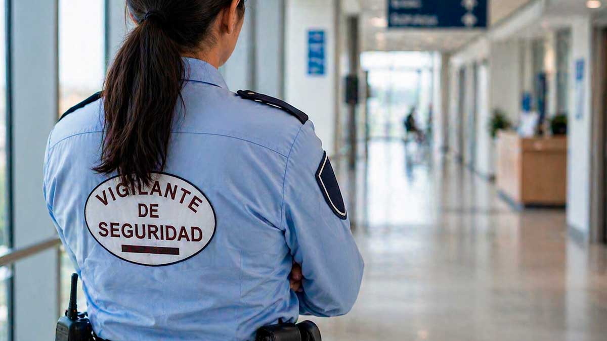 Vigilante de seguridad de espaldas en su puesto de trabajo tras sentencia judicial por no adaptar condiciones laborales