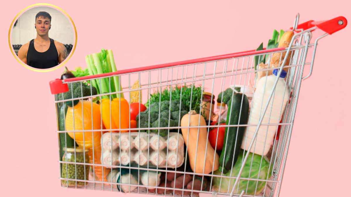 Carrito de la compra con verduras frutas y alimentos saludables metodo 5 4 3 2 1
