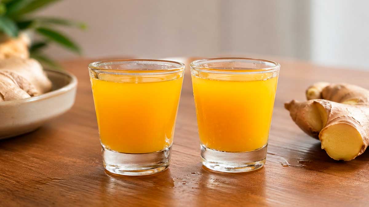 Dos ginger shots de jengibre natural en vasos sobre una mesa de madera, bebida saludable de moda