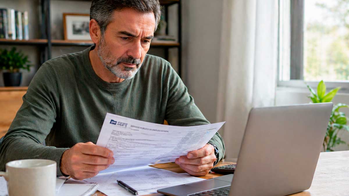 Hombre de 52 años revisando documentos del SEPE sobre el subsidio para mayores de 52 años