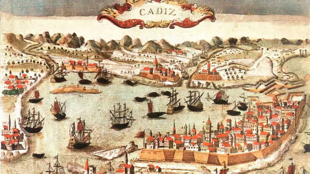 Ilustración histórica de Cádiz con barcos durante el ataque de Drake en 1587
