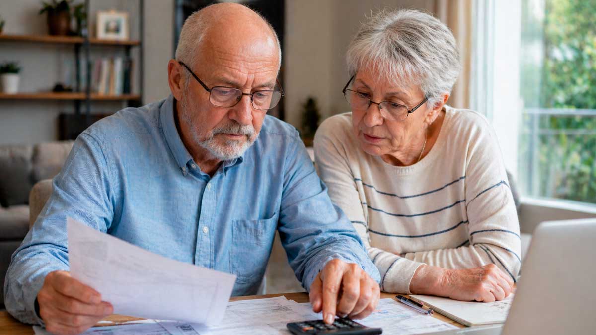 Pareja de jubilados revisando documentos y calculando pensión tras retrasar la jubilación en 2026
