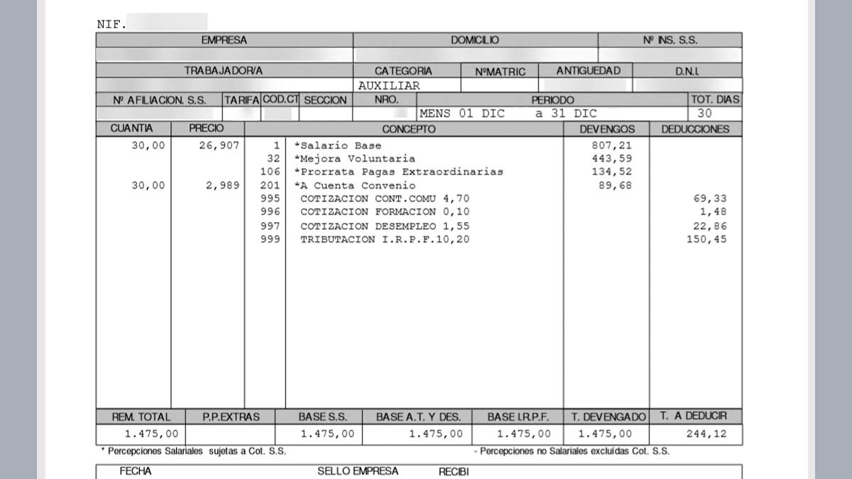 Nómina ejemplo con salario base deducciones IRPF y cotizaciones Seguridad Social