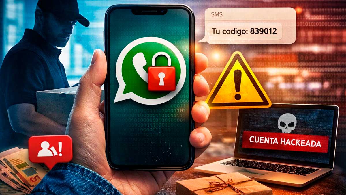 Ilustración de estafa en WhatsApp con falso repartidor que roba cuentas mediante código SMS y suplantación de identidad