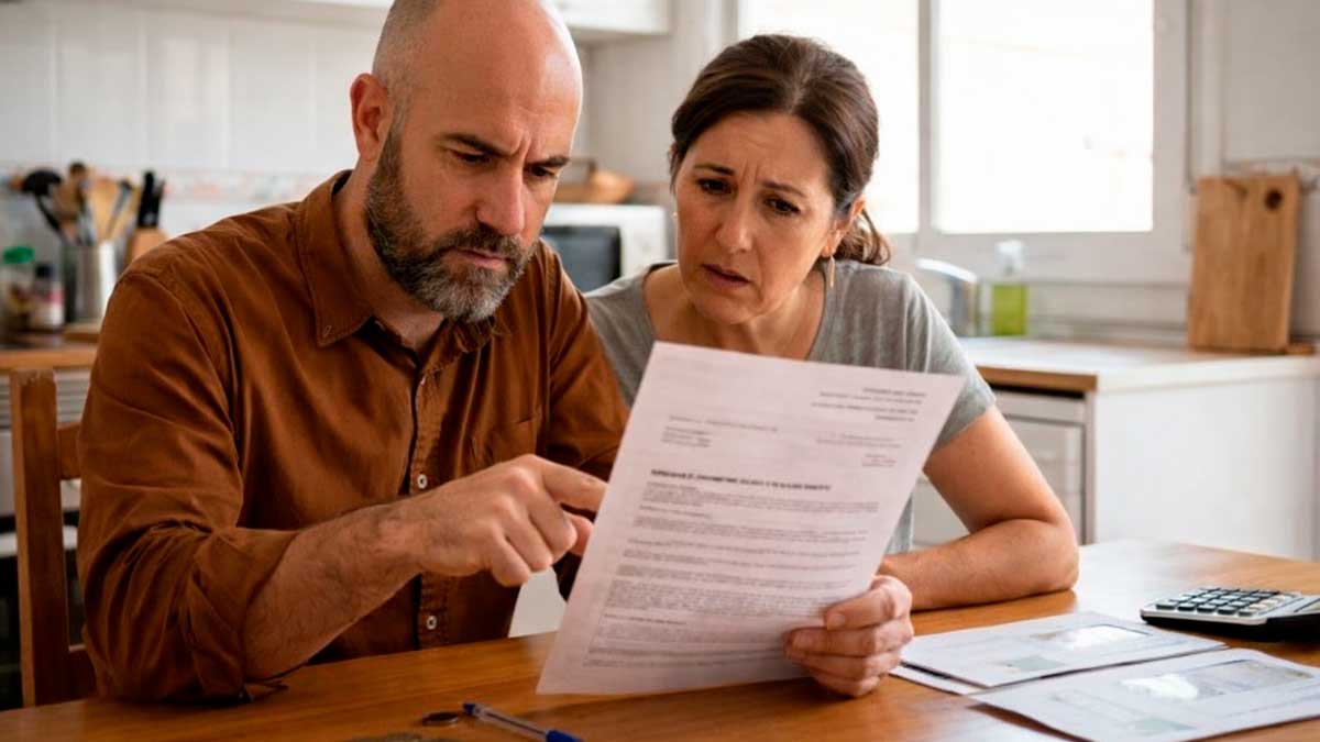 Pareja revisando póliza de seguro a todo riesgo con dudas en casa
