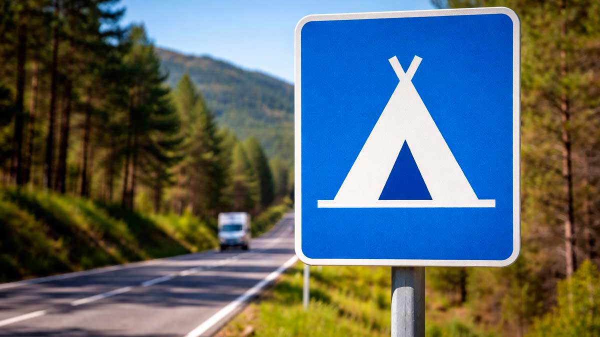 Señal de tráfico S-107 que indica la proximidad de un camping en carretera