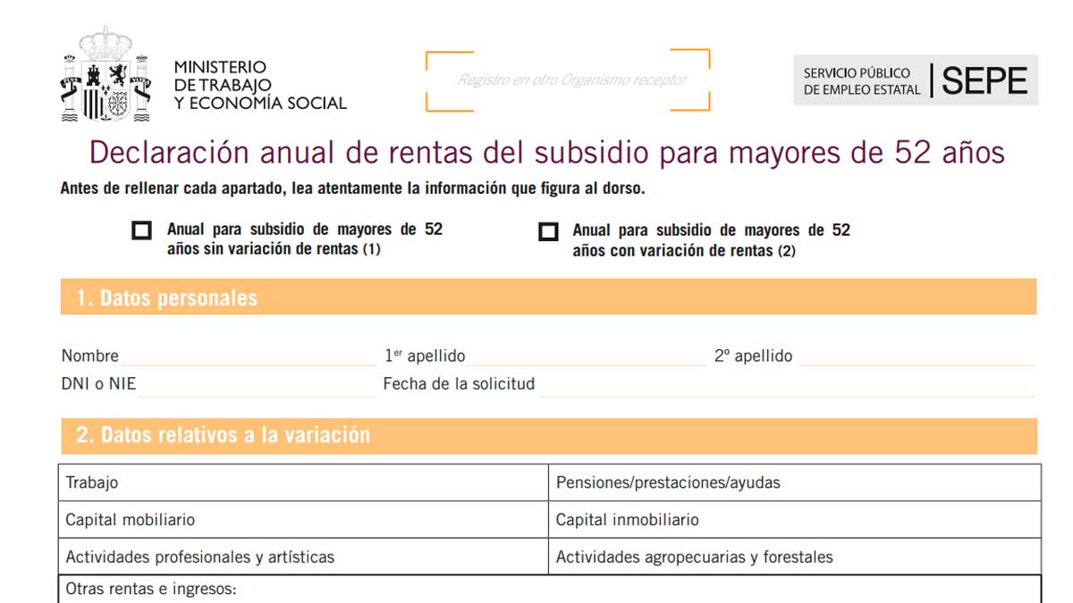 Formulario del SEPE para la declaración anual de rentas del subsidio para mayores de 52 años