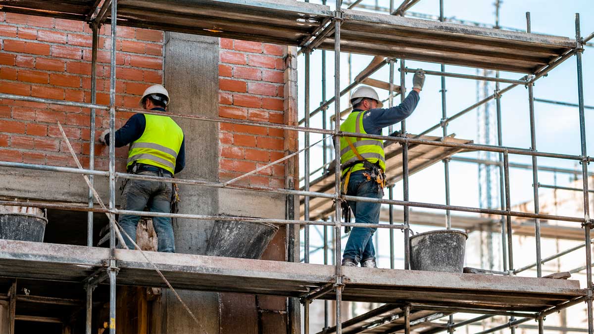 Trabajadores de la construcción en andamio en Andalucía durante jornada laboral con medidas de seguridad