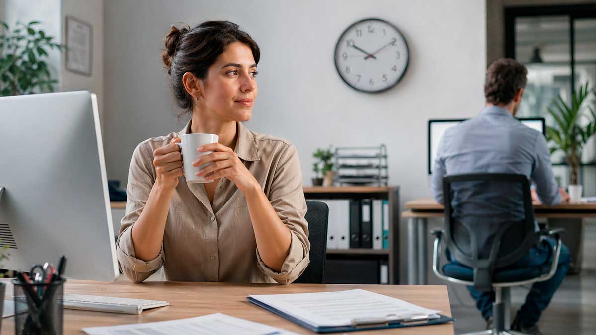 Trabajadora en una oficina durante una pausa laboral en Andalucía mientras otro empleado continúa su jornada