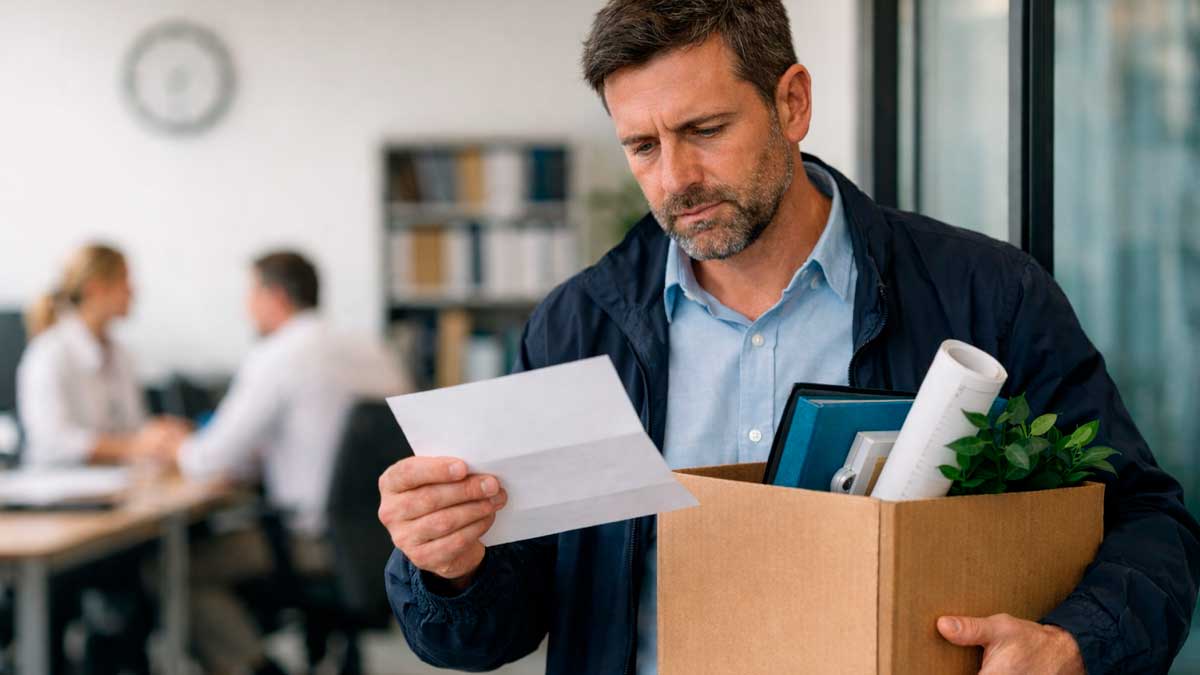 Trabajador despedido revisando carta en oficina con caja de pertenencias e incertidumbre laboral