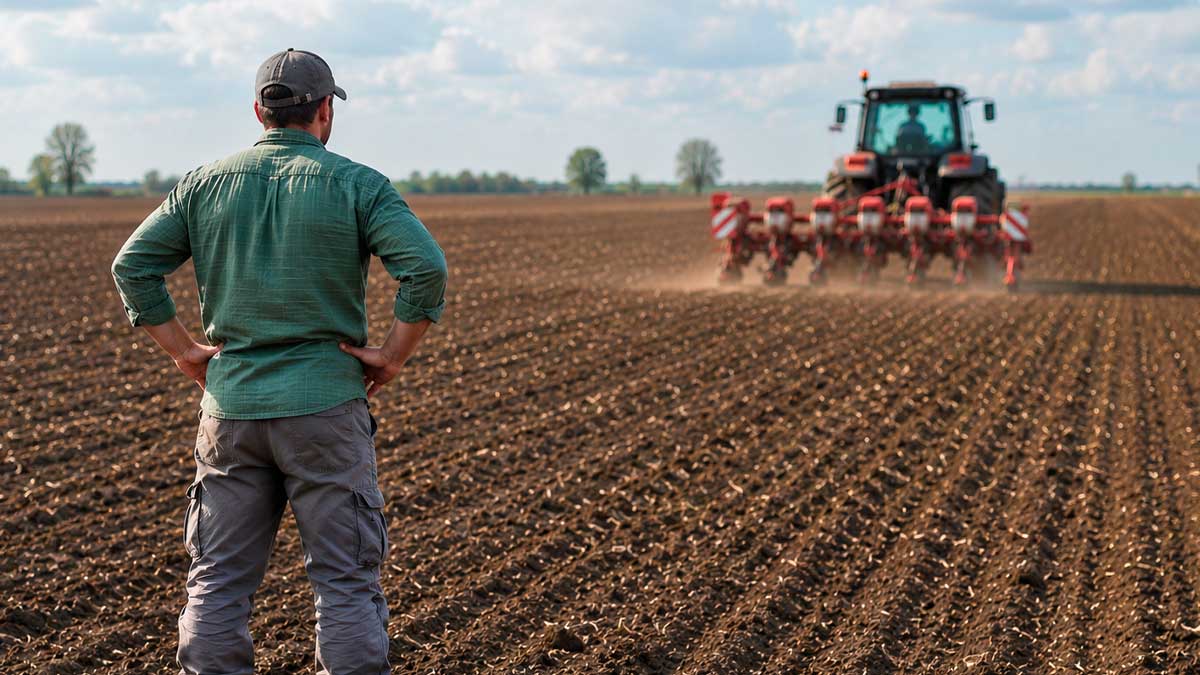 Agricultor observa un tractor trabajando el campo tras la ampliación del plazo de la PAC en Andalucía