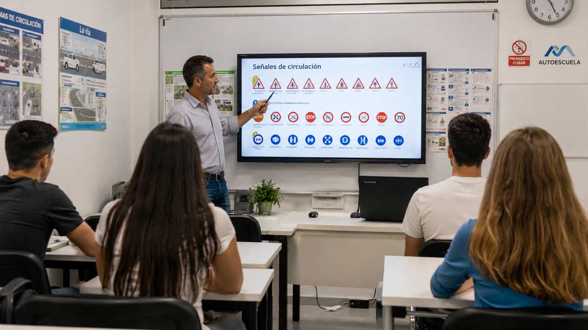 Profesor de autoescuela imparte una clase teórica sobre señales de tráfico en Andalucía