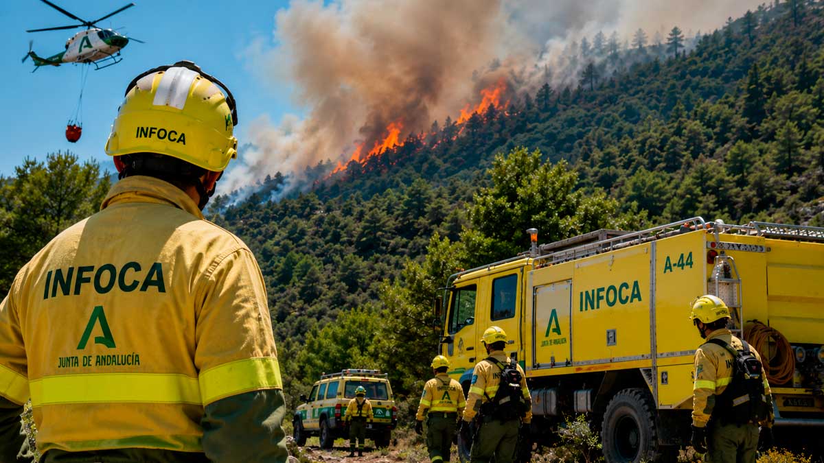 Operativo del Plan Infoca 2026 con bomberos, helicóptero y vehículos durante un incendio forestal en Andalucía