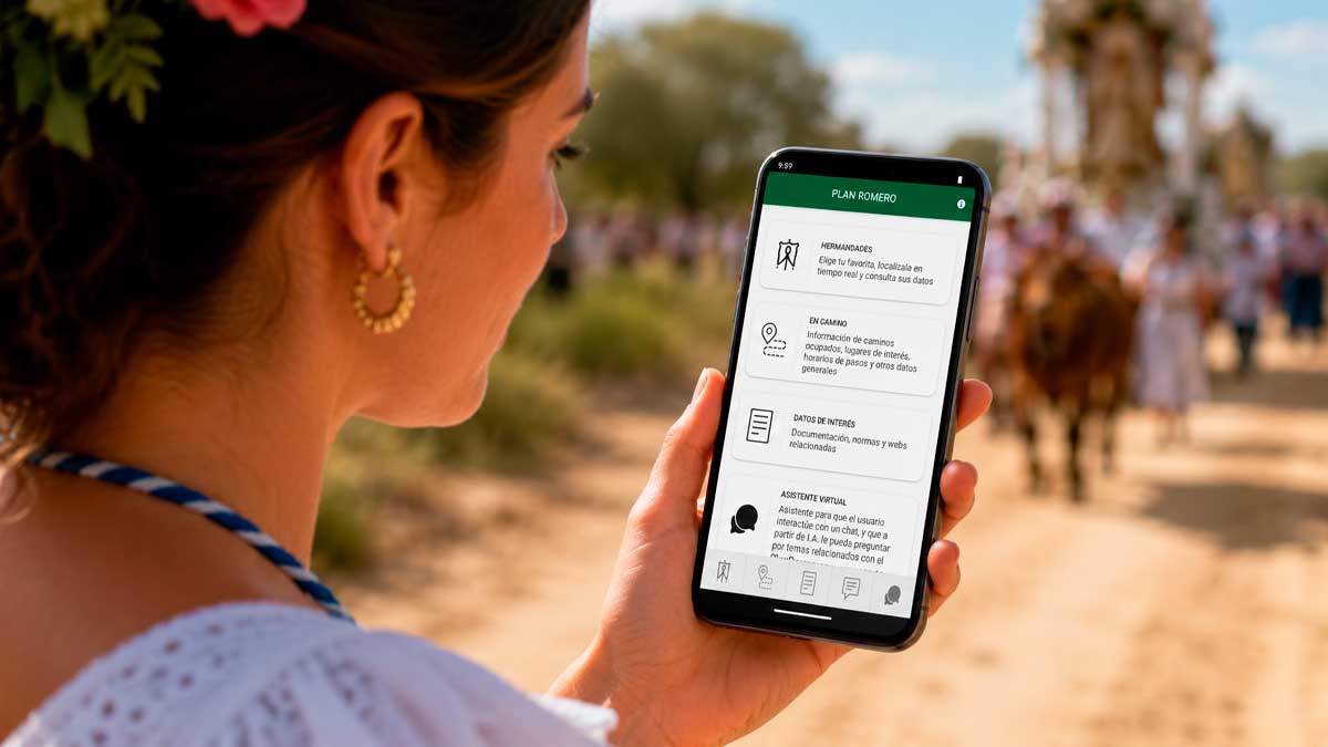 Mujer consultando la App del Plan Romero 2026 con seguimiento GPS de hermandades del Rocío en tiempo real