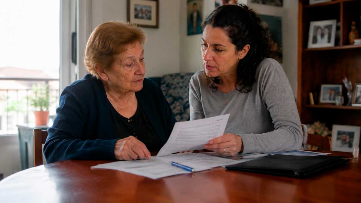 Mujer mayor revisando documentos de dependencia junto a una cuidadora en una vivienda de Andalucía