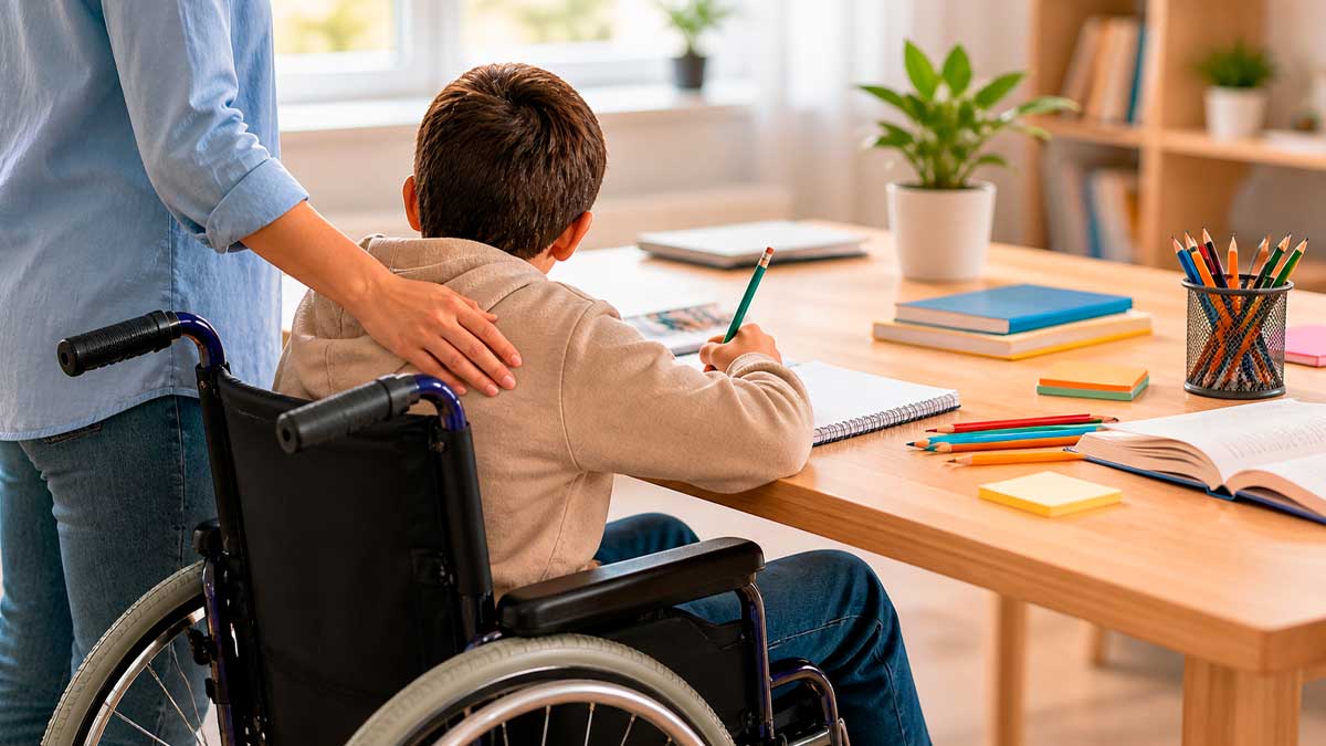 Niño en silla de ruedas estudiando en casa con apoyo familiar