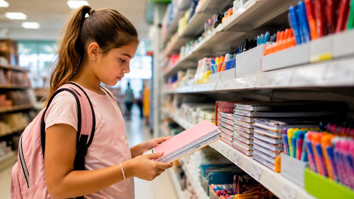 Niña comprando cuadernos y material escolar en una papelería tras abrirse las ayudas escolares en Jaén