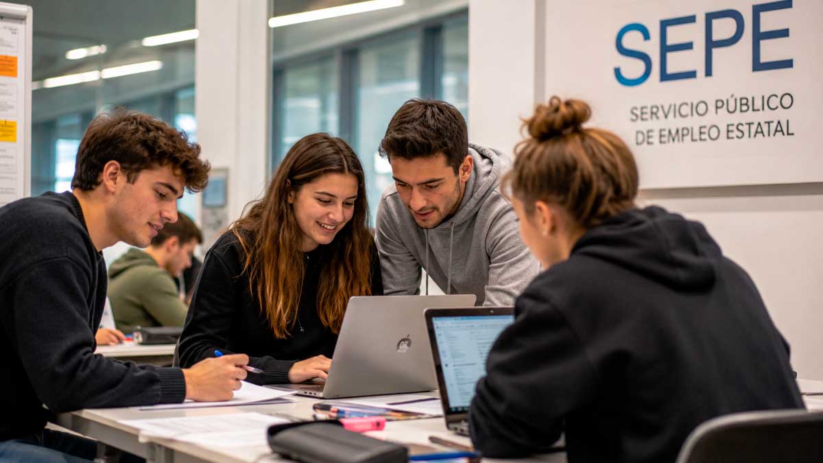 Jóvenes participando en un programa de formación y empleo del SEPE para acceder a su primer trabajo