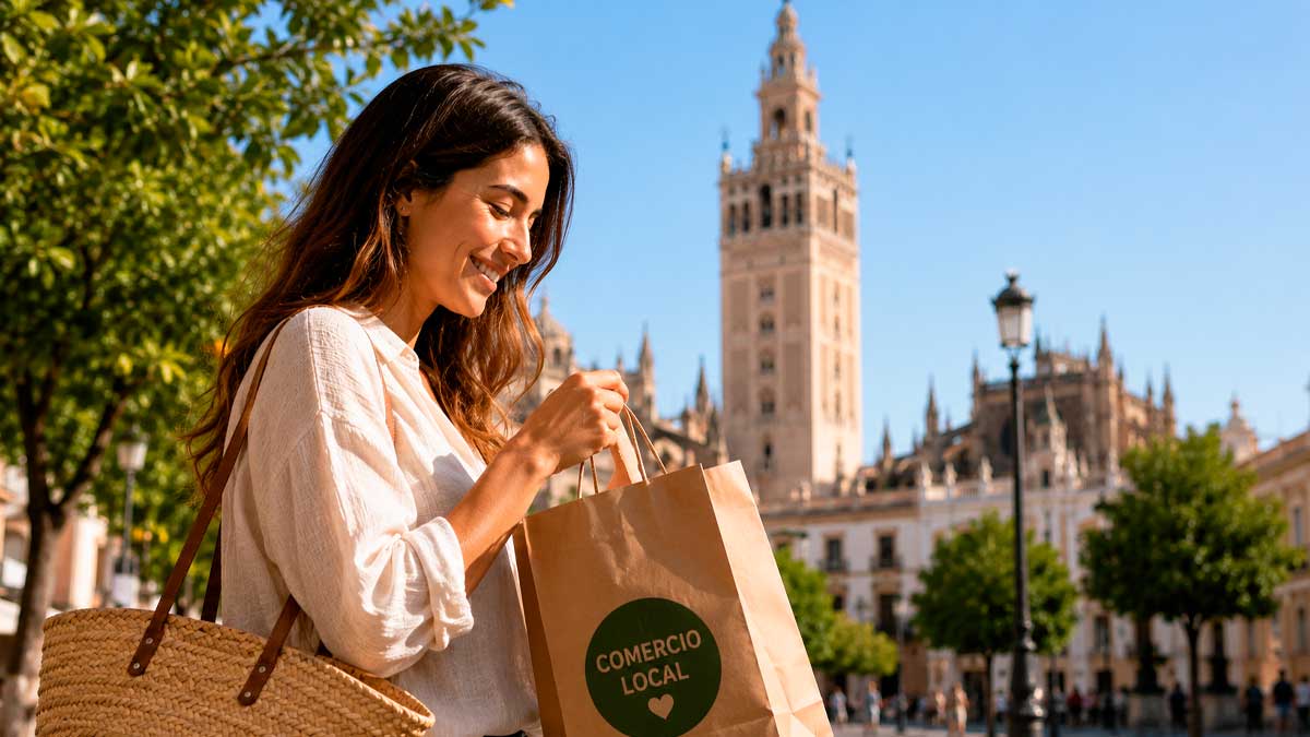 Mujer realizando compras en comercio local de Sevilla con la Giralda al fondo durante la campaña Bonos Consumo 2026