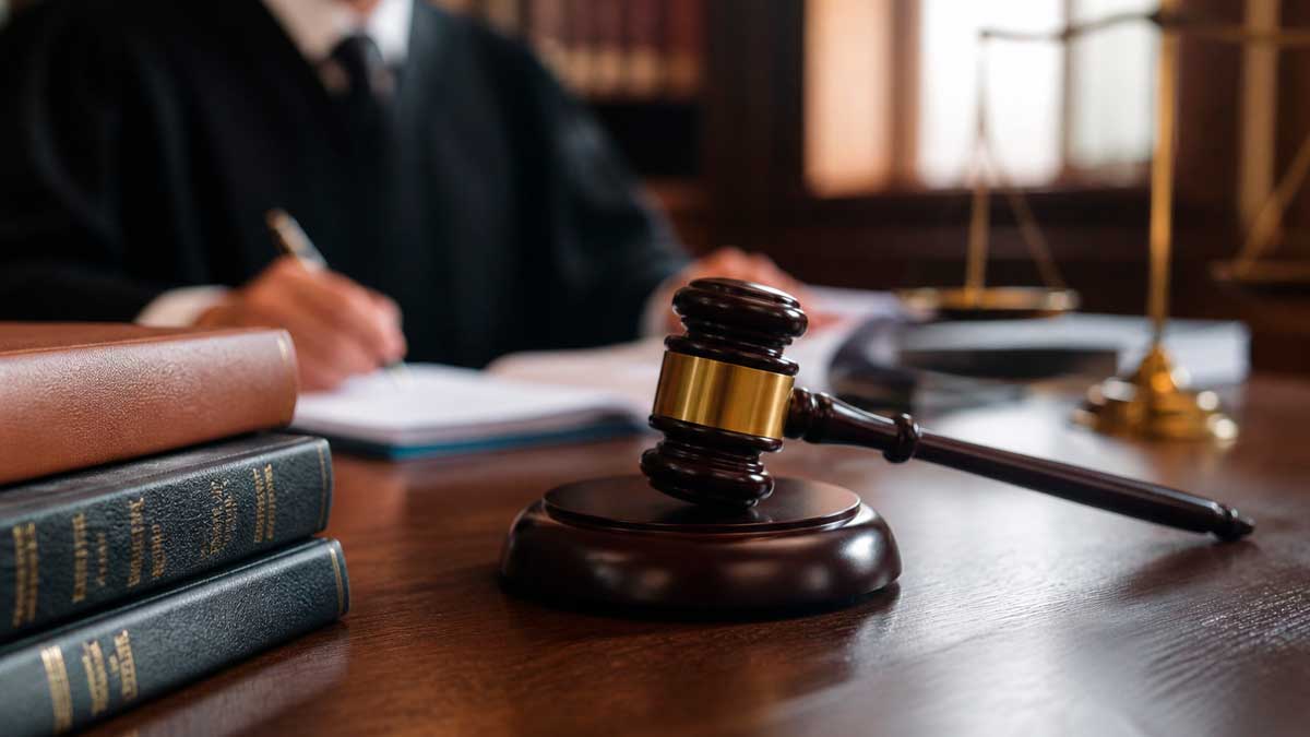 Mazo judicial sobre mesa en sala de tribunal por sentencia de despido durante baja médica