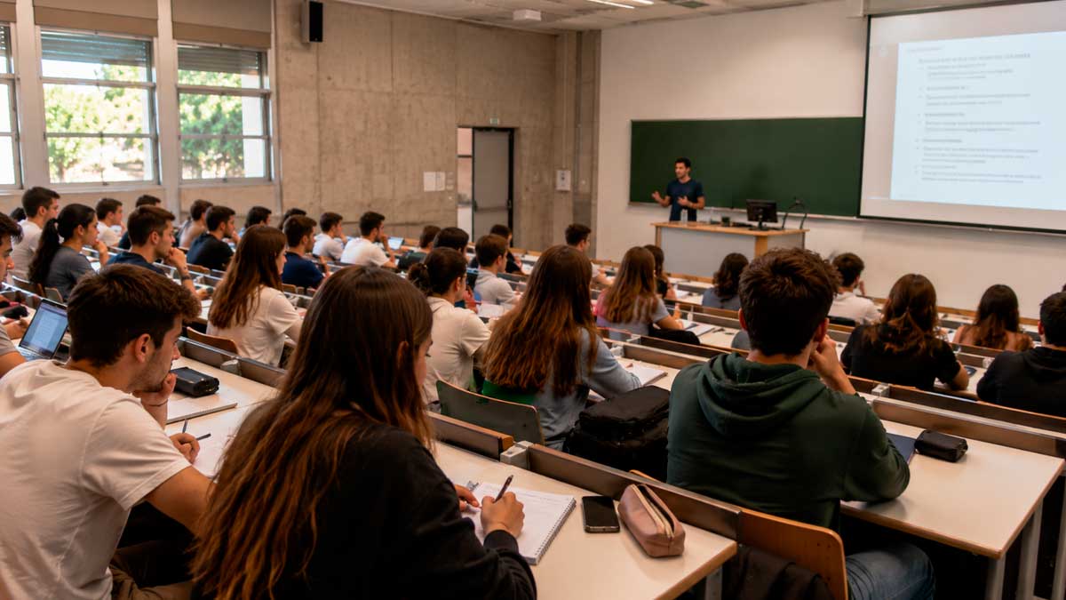 Estudiantes universitarios en un aula durante una clase tras la convocatoria de becas de 1.000 euros para Grado y Máster