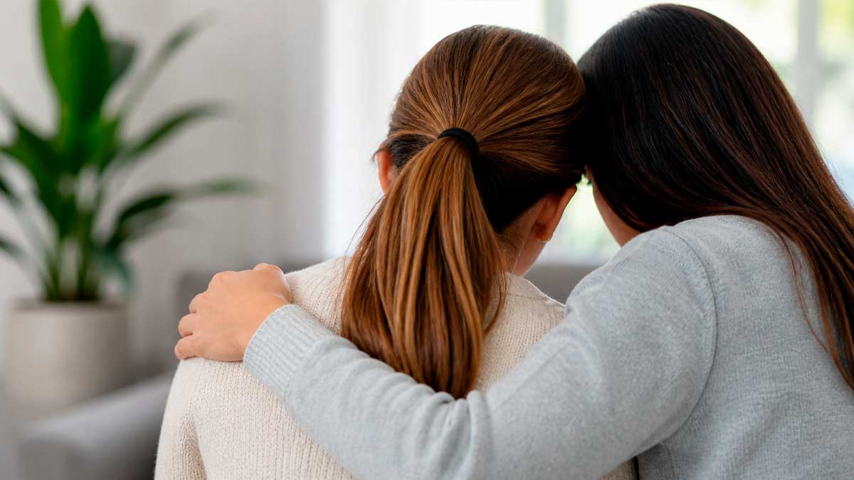 Mujer consolando a otra en situación vulnerable en un entorno doméstico en Andalucía
