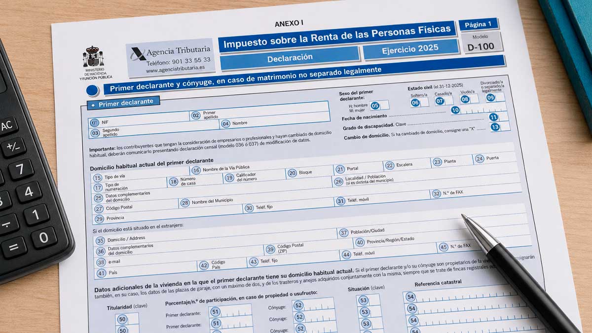 Modelo 100 de la declaración de la Renta 2025 junto a una calculadora y documentación fiscal