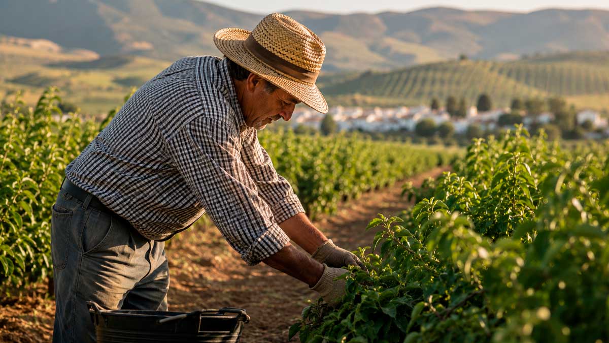 Trabajador del campo una explotación agrícola de Andalucía durante la campaña electoral andaluza