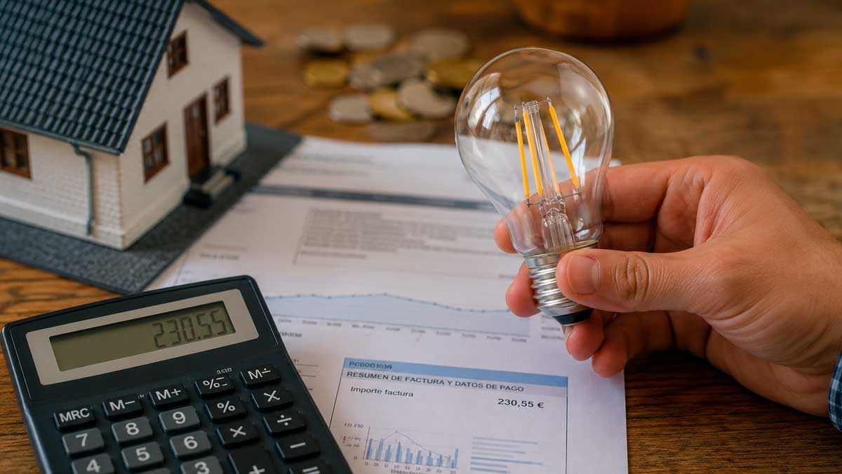 Familia revisando la factura de la luz junto a una bombilla para solicitar el Bono Social eléctrico 2026