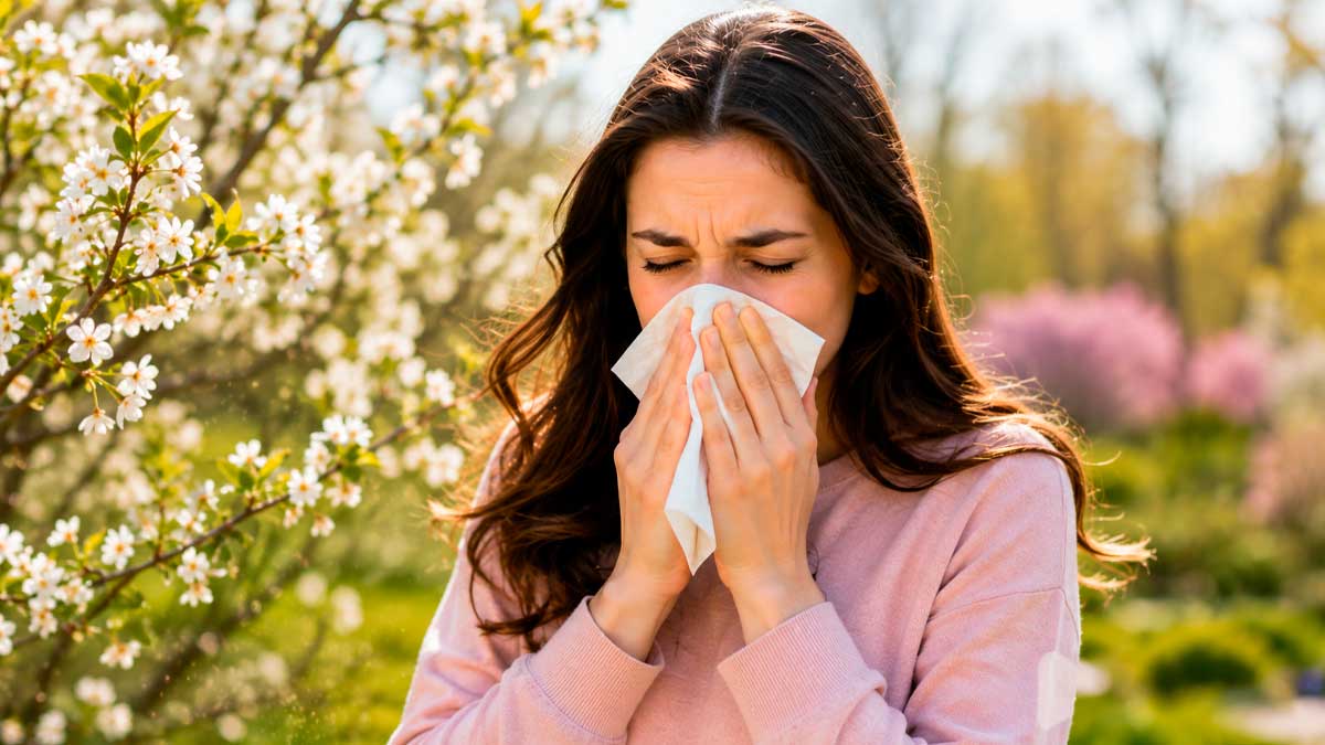 Mujer sonándose la nariz junto a árboles en flor durante la primavera por síntomas de alergia o resfriado