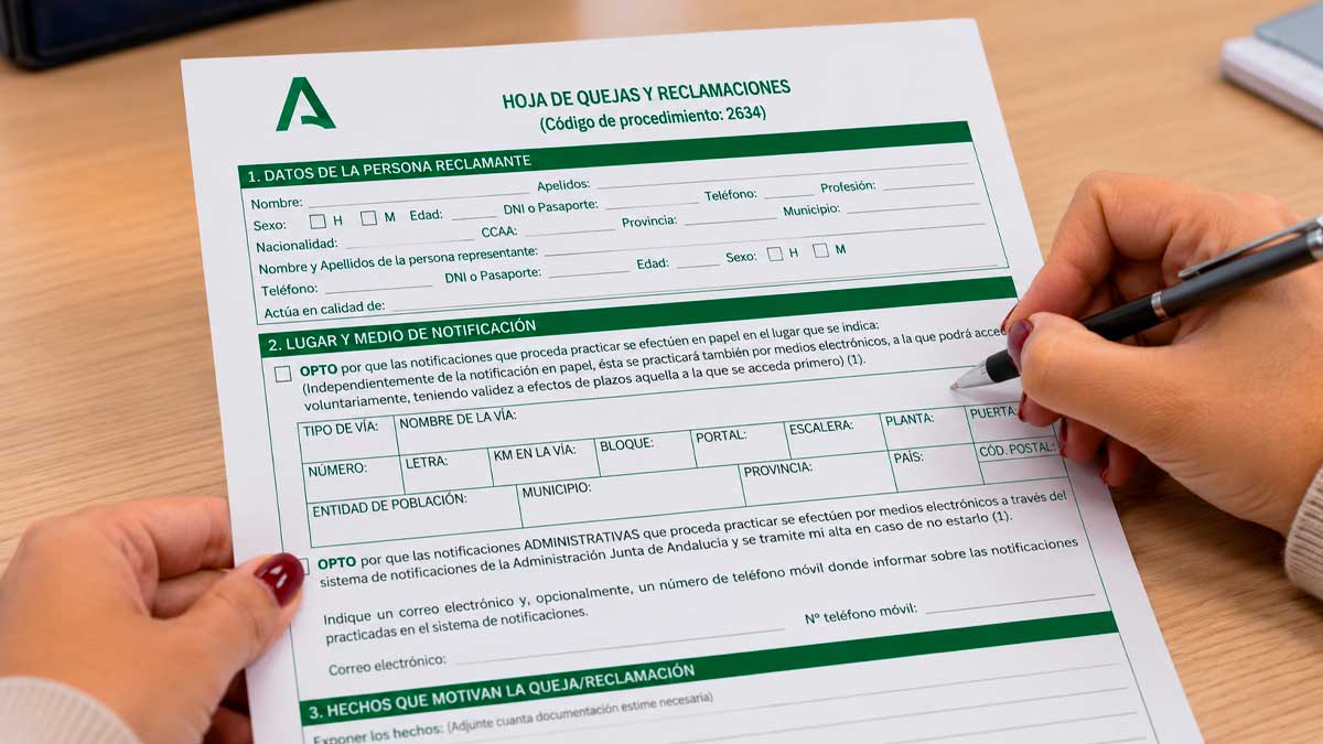 Persona rellenando una hoja oficial de quejas y reclamaciones de la Junta de Andalucía para reclamar un problema de consumo